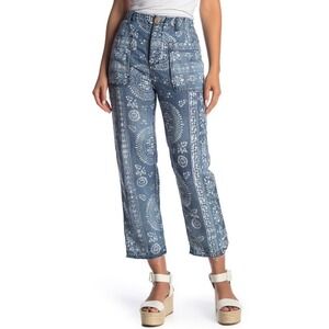 Free People Island Vibes Discharge Trousers, Blue Boho Print Cropped Jeans Sz 31